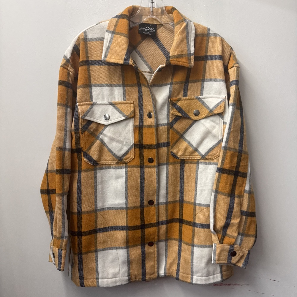 HFX Ladies' Shirt Jacket Flannel Snap Collared Plaid Yellow White Black Size S
